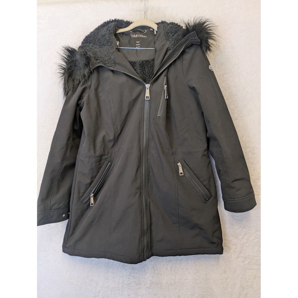 Calvin Klein Parka Jacket Women's Large Black Faux Fur Hood Softshell‎ Coat